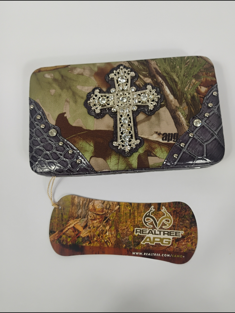 Realtree Camo Wallet with Jeweled Cross and Dark Accent